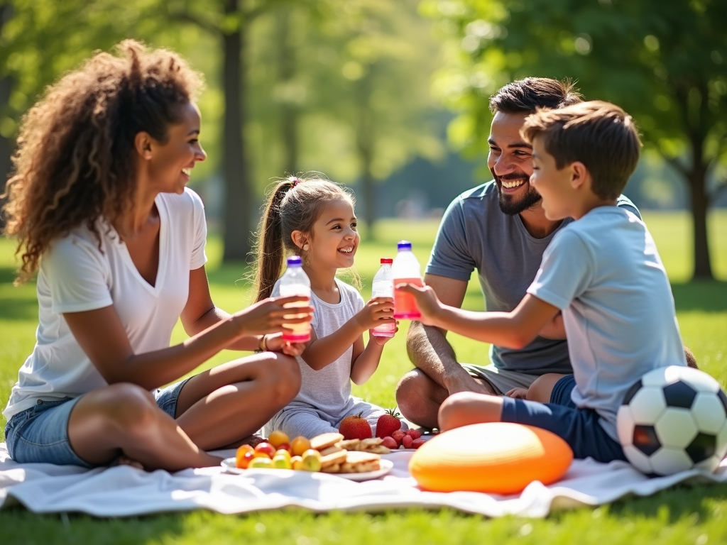A family celebrating the end of their fitness challenge with a picnic in the park.