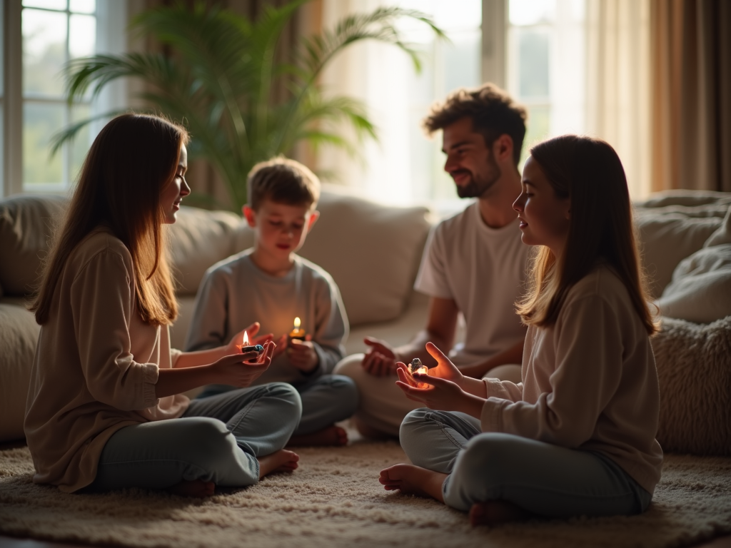 A family practicing mindfulness together in a peaceful setting.