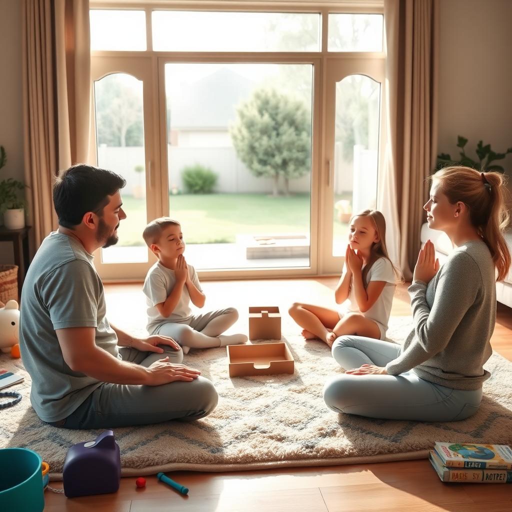 A family of four sits in a cozy living room, practicing deep breathing together on a soft rug with natural light illuminating the serene scene.