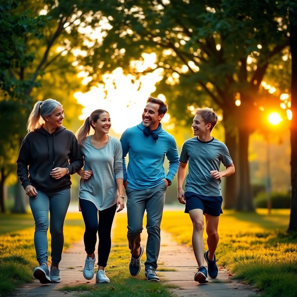 A family of four walks together in a park at sunset, smiling and enjoying time together.