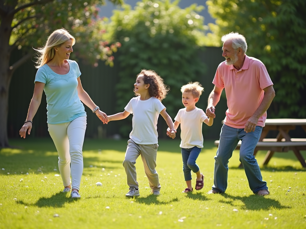 Family practicing Tai Chi in a backyard