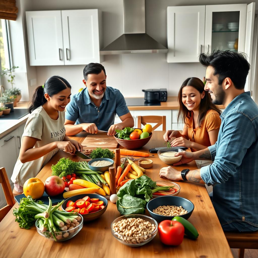 A family of five prepares a healthy meal together at a kitchen table.
