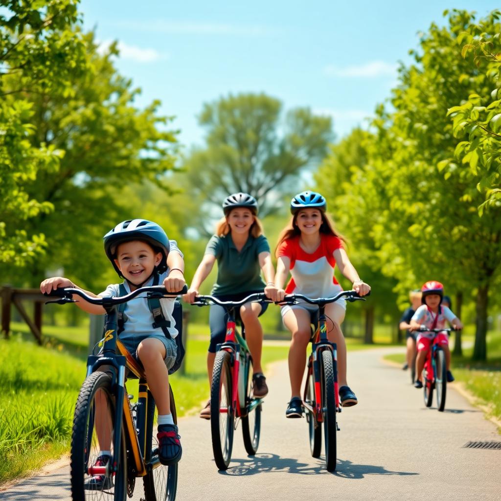A family enjoys a bike ride on a scenic park trail surrounded by greenery.