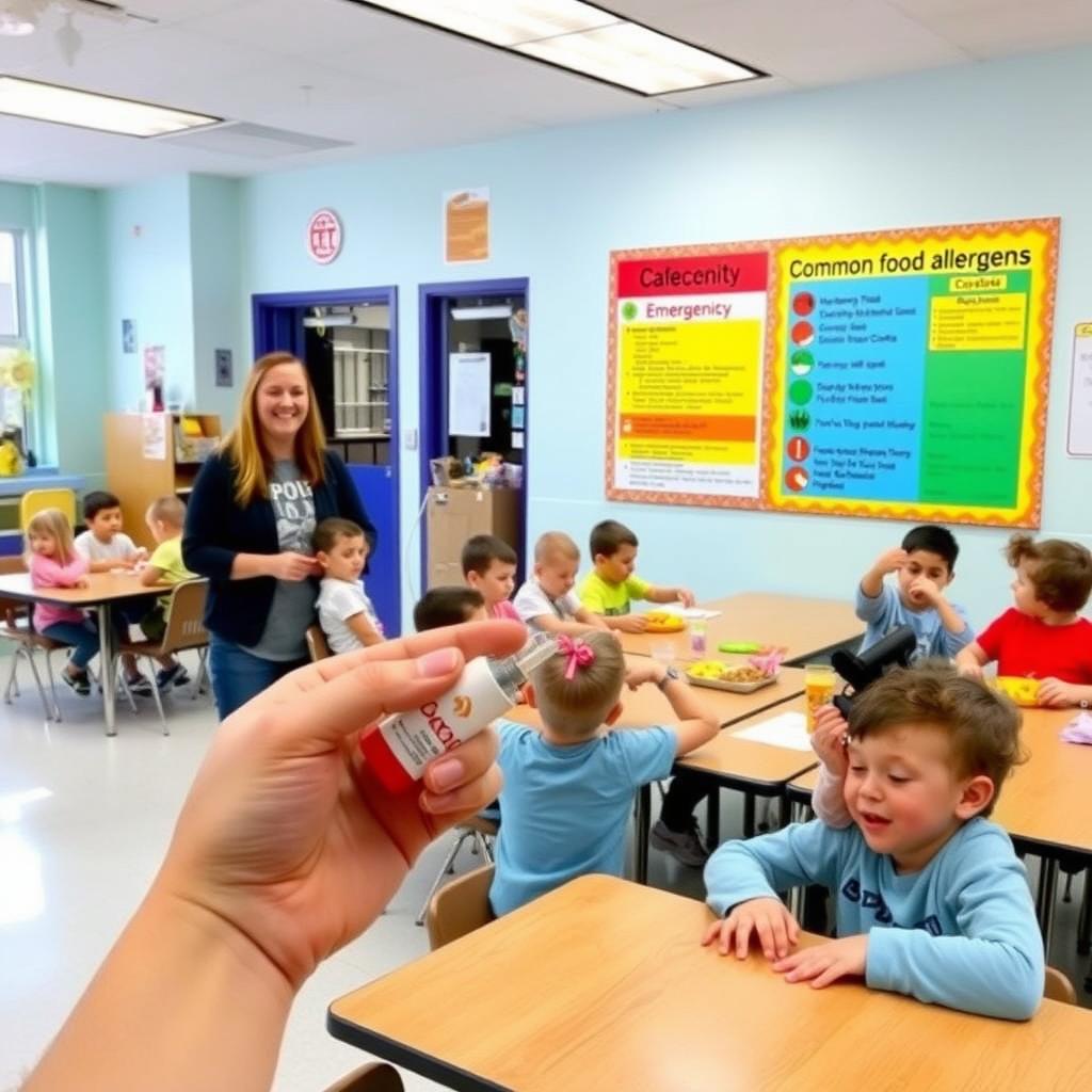 A school cafeteria with children eating and a teacher holding an epinephrine auto-injector, with an allergy awareness poster in the background.