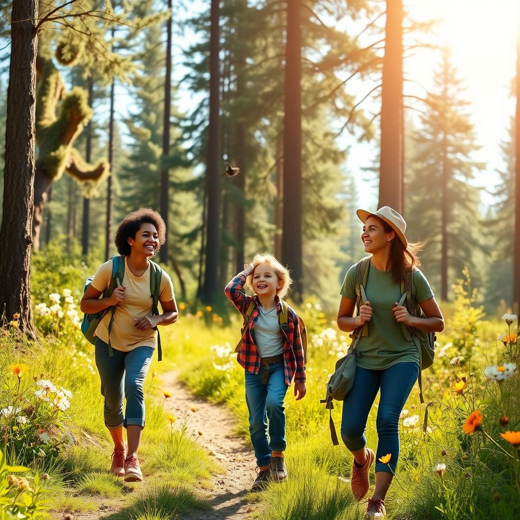 A family of four hikes together on a sunny forest trail, surrounded by trees and wildflowers.