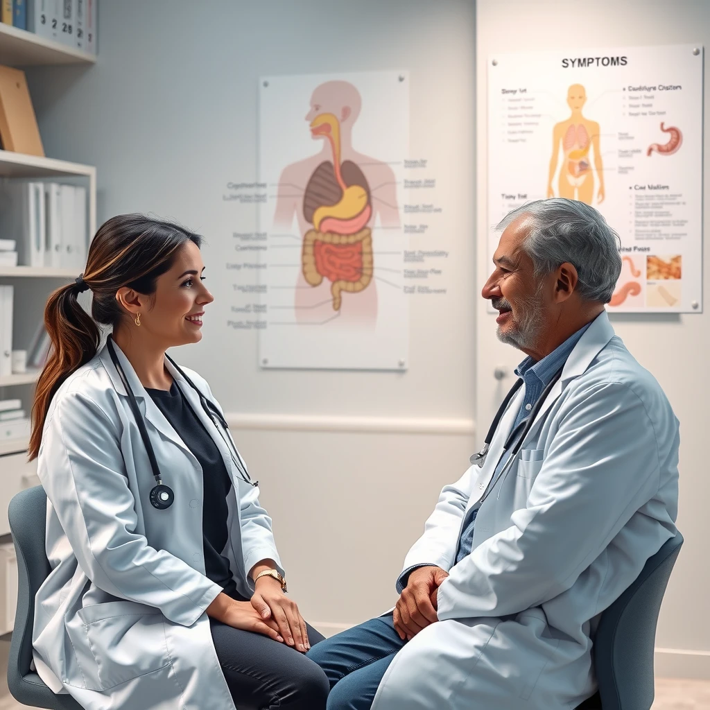Doctor consulting with patient about chronic vomiting symptoms in a medical office