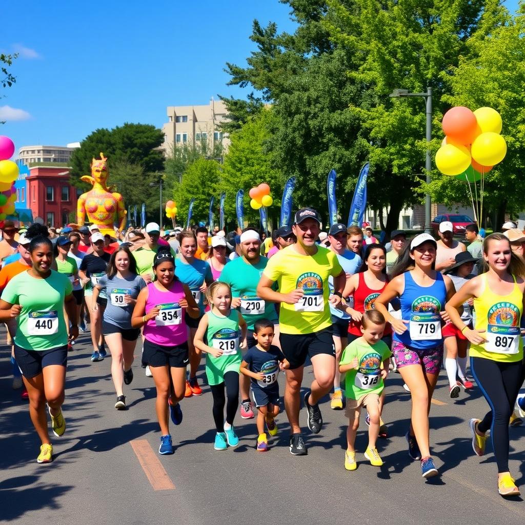 Families running together in a lively 5K race through a city park