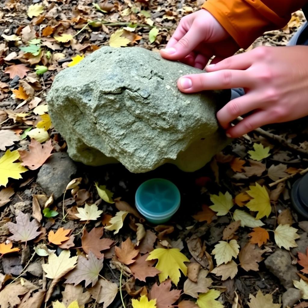 A geocacher finding a hidden container under a rock.