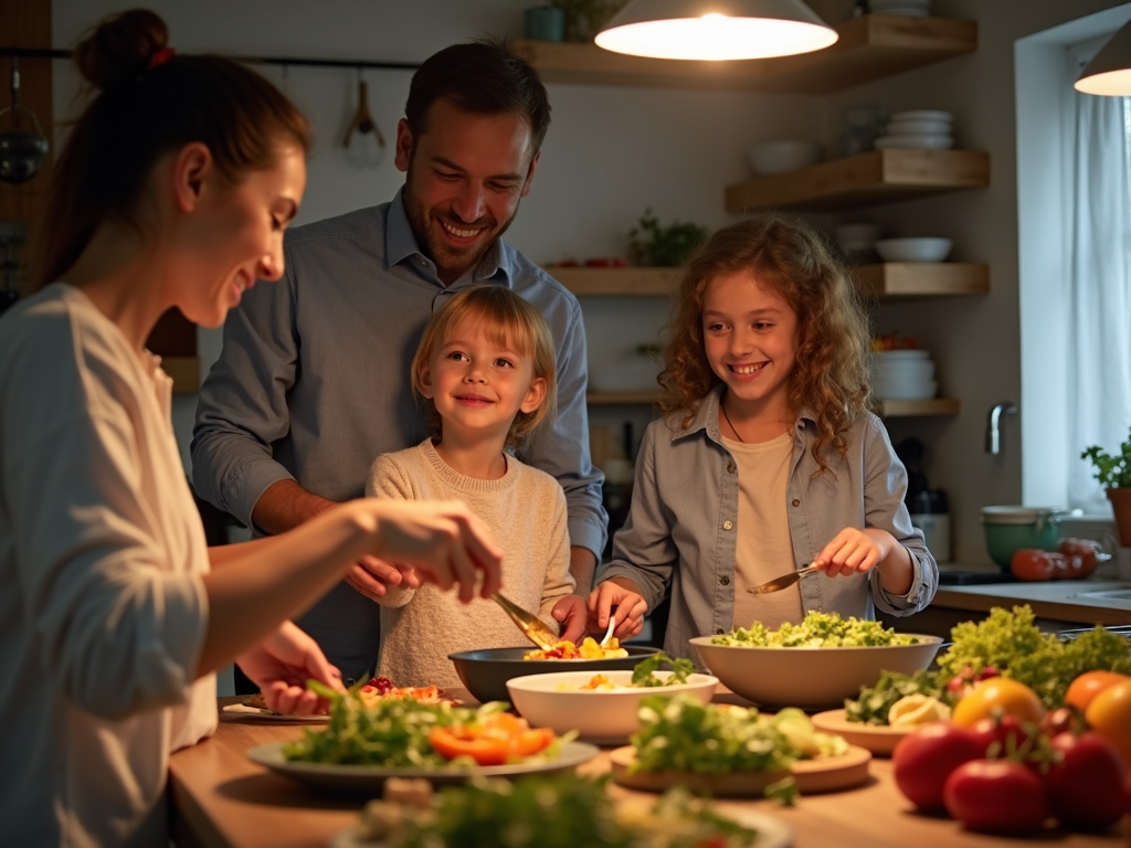 A family cooking together in the kitchen