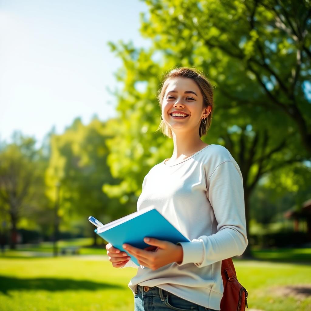 A person stands in a sunlit park, holding a notebook and smiling, surrounded by green trees and a clear blue sky.