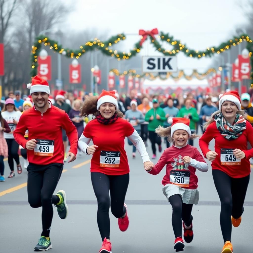 A family in Santa hats runs together in a holiday-themed 5K, crossing the finish line.