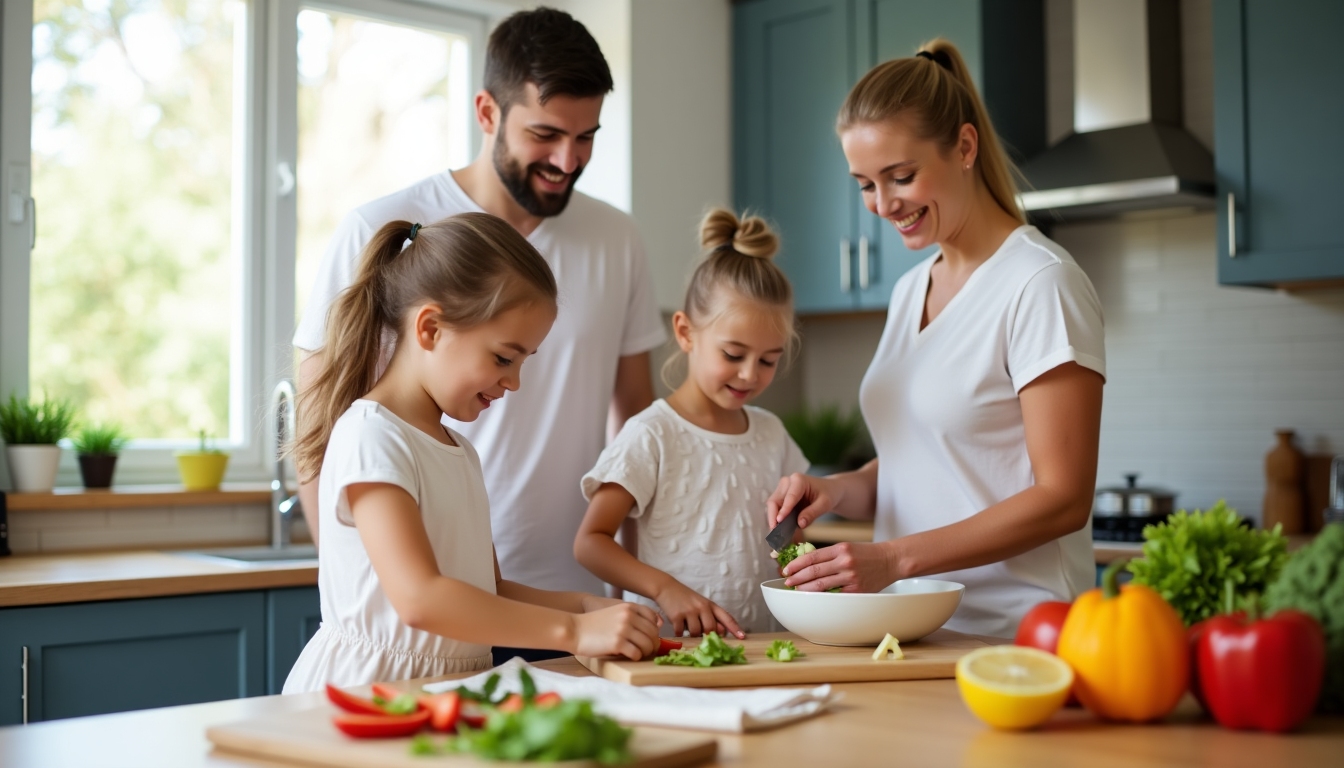 Family cooking together, learning about nutrition and teamwork.