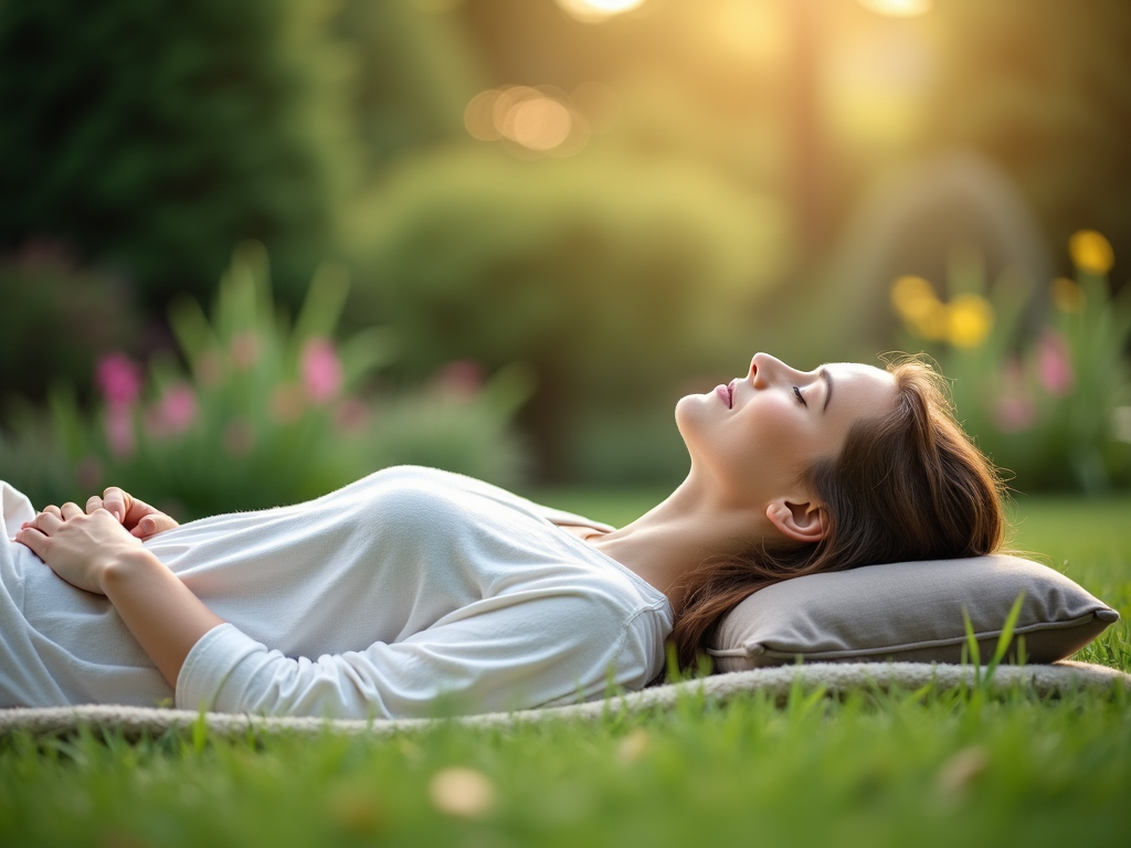 A person resting in a peaceful garden, surrounded by nature.