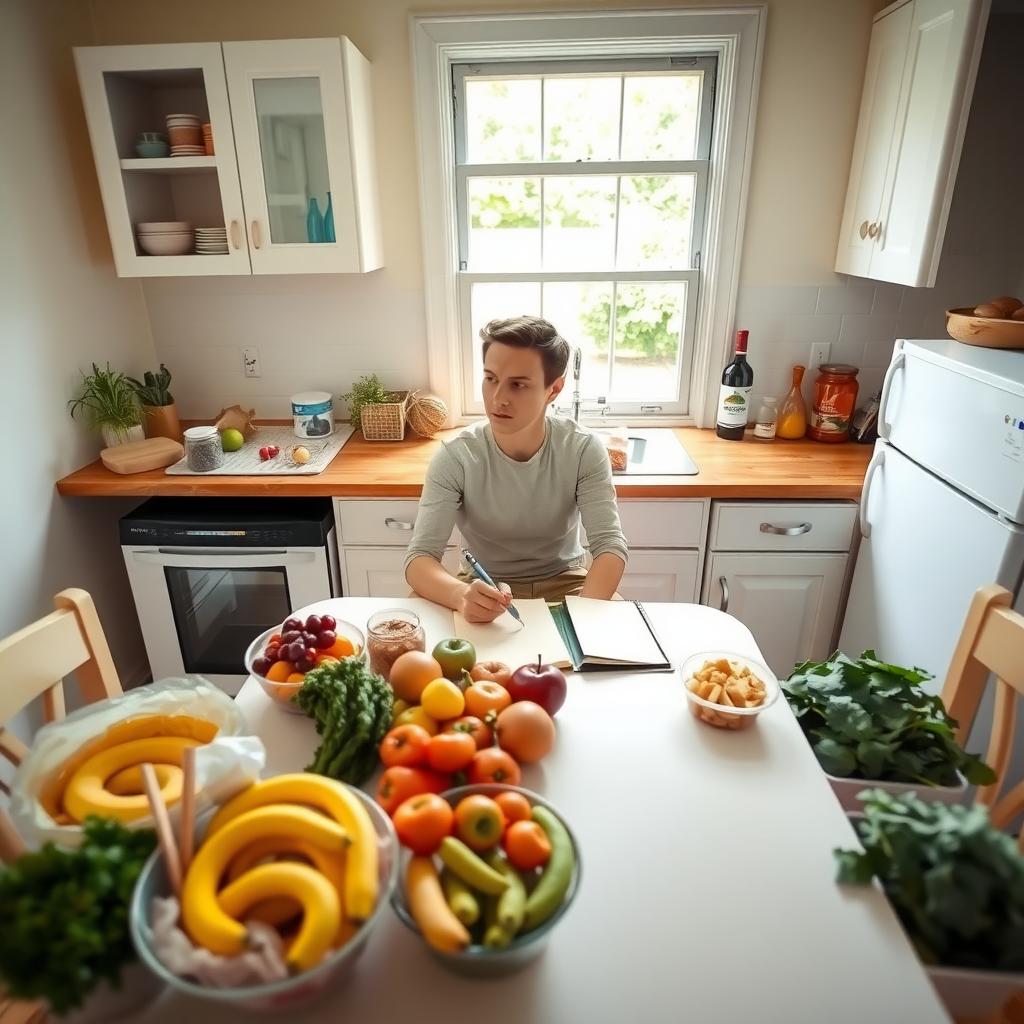 A person with Chronic FPIES tracks their diet at a kitchen table, surrounded by safe foods.