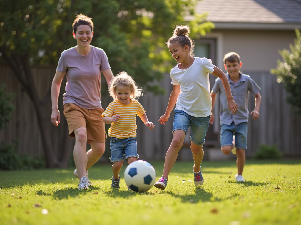 Family playing soccer together.