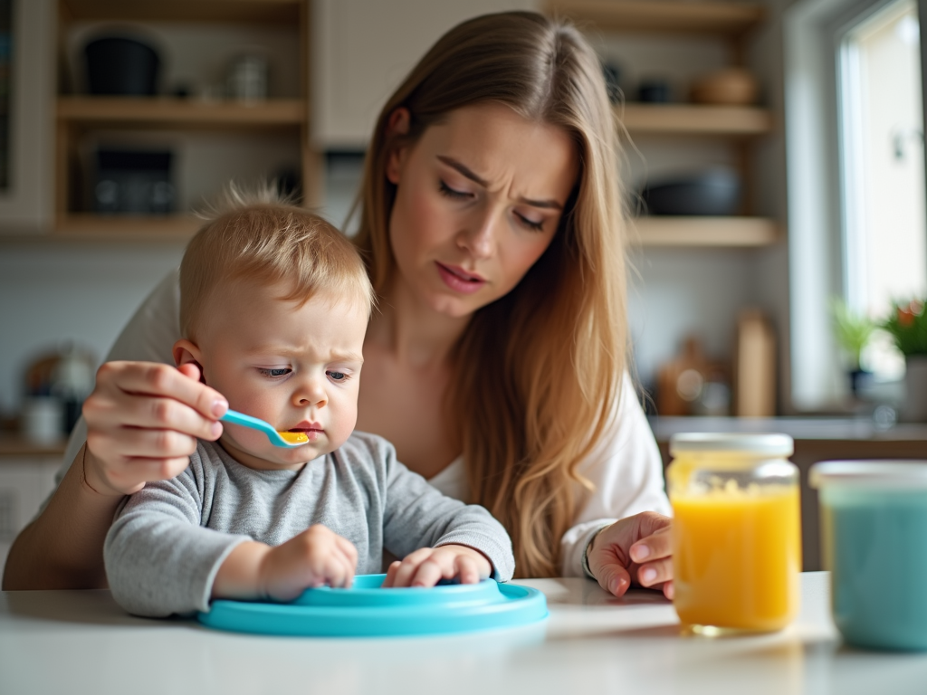 Parent feeding child while checking food label