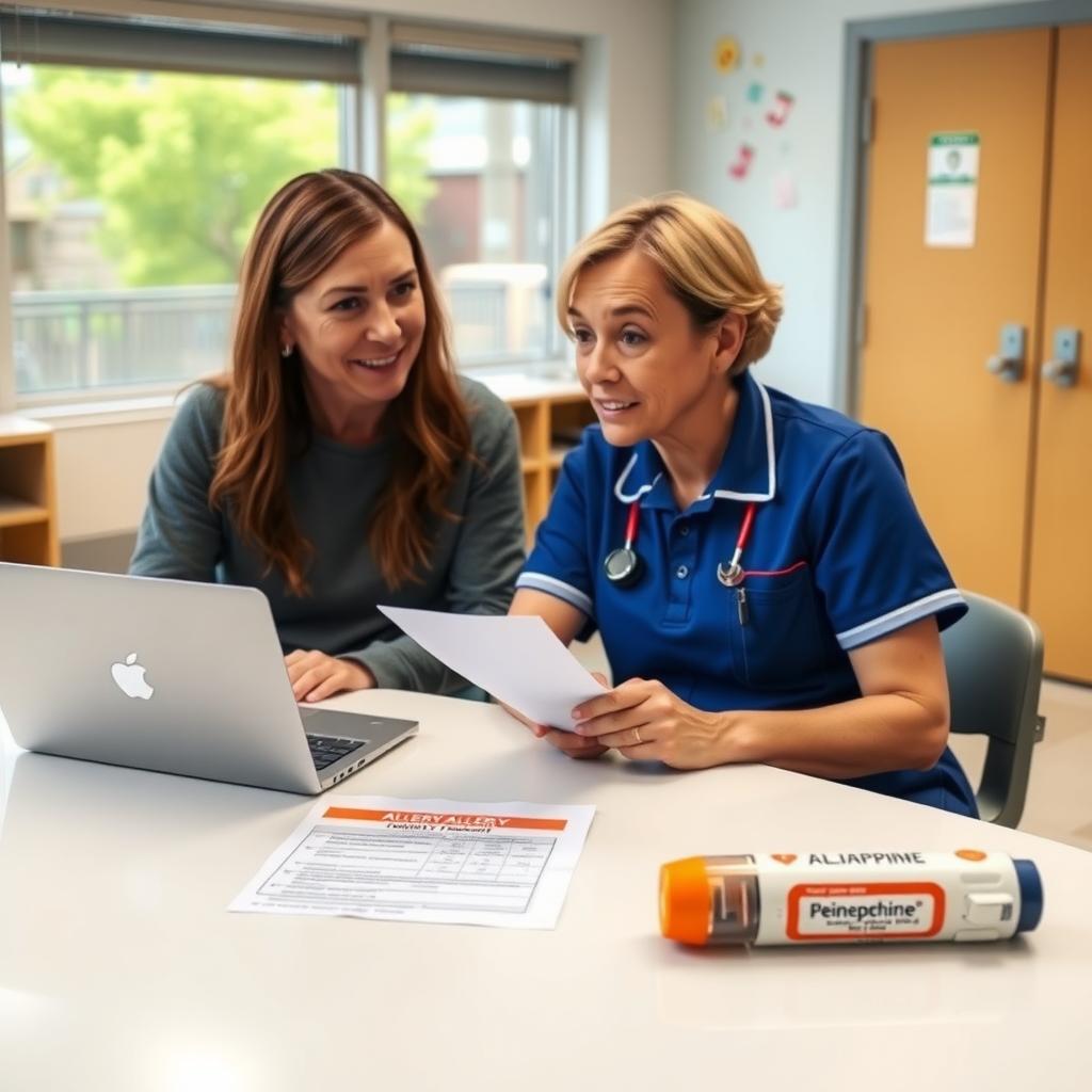 Parent and school nurse reviewing a food allergy action plan in a school office
