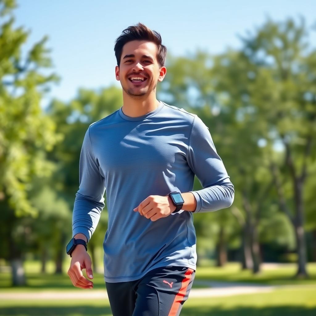 A beginner in athletic wear walks briskly in a sunny park with green trees.