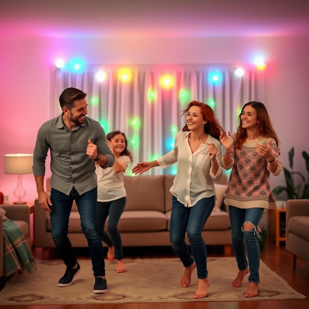 A family having a dance party in their living room.