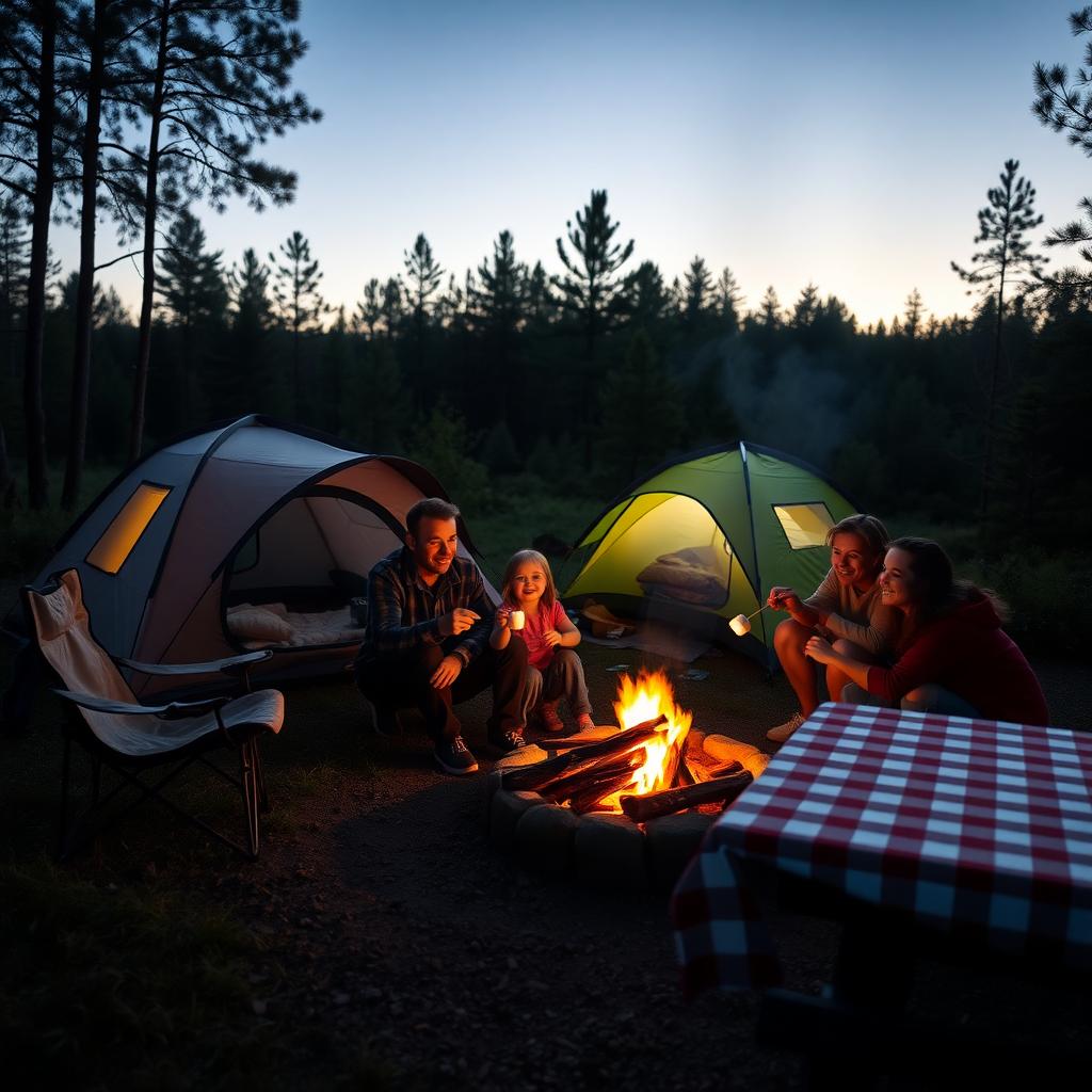A family enjoys a budget-friendly camping retreat, roasting marshmallows around a campfire in a forest clearing at dusk.