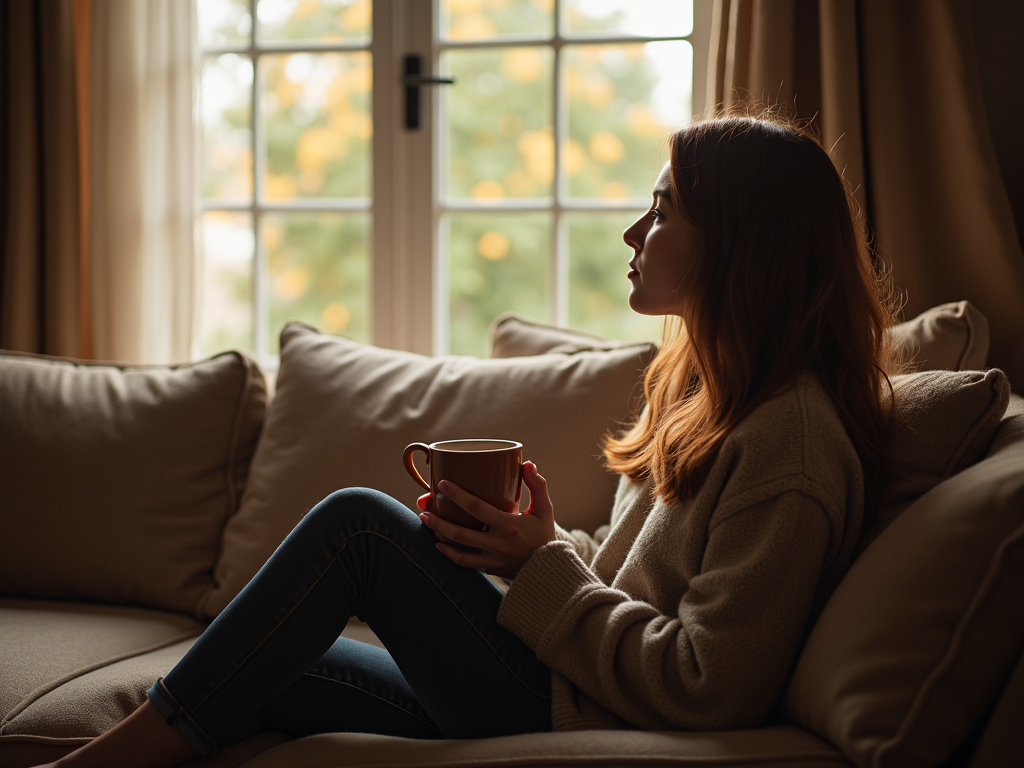 A person reflecting on their chronic illness journey with a comforting cup of tea.