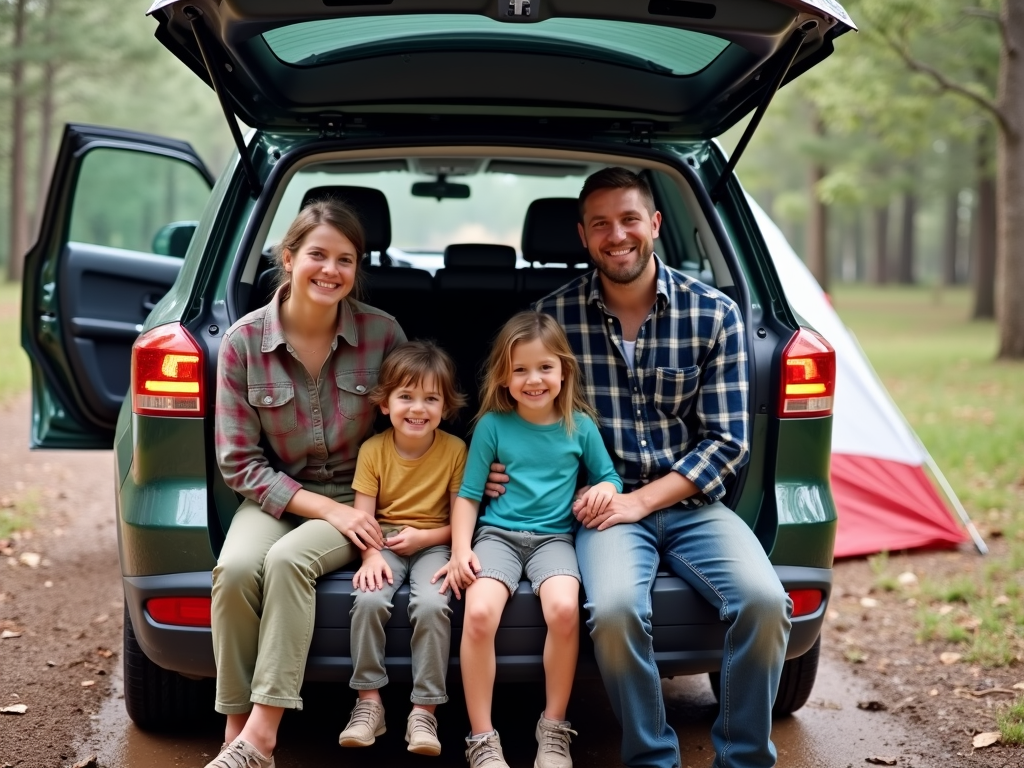 Family packing up after a camping trip.