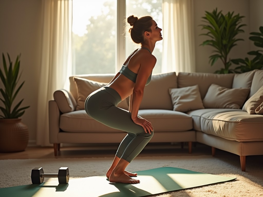 A person doing a home workout in their living room, with exercise mat and dumbbells.