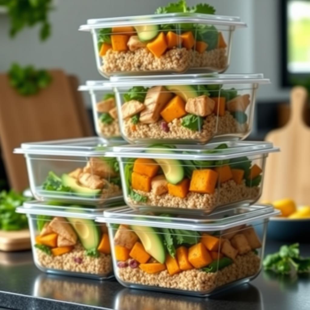 Meal prep containers with quinoa bowls containing grilled chicken, sweet potatoes, avocado, and greens, on a kitchen counter with herbs and natural light.