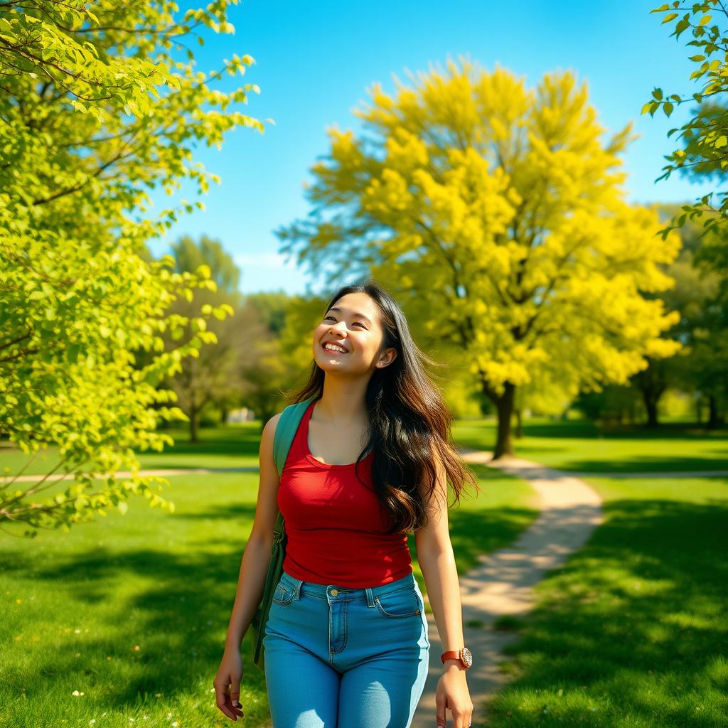 Person walking in a sunny park, representing the active and hopeful steps taken in Behavioral Activation therapy.