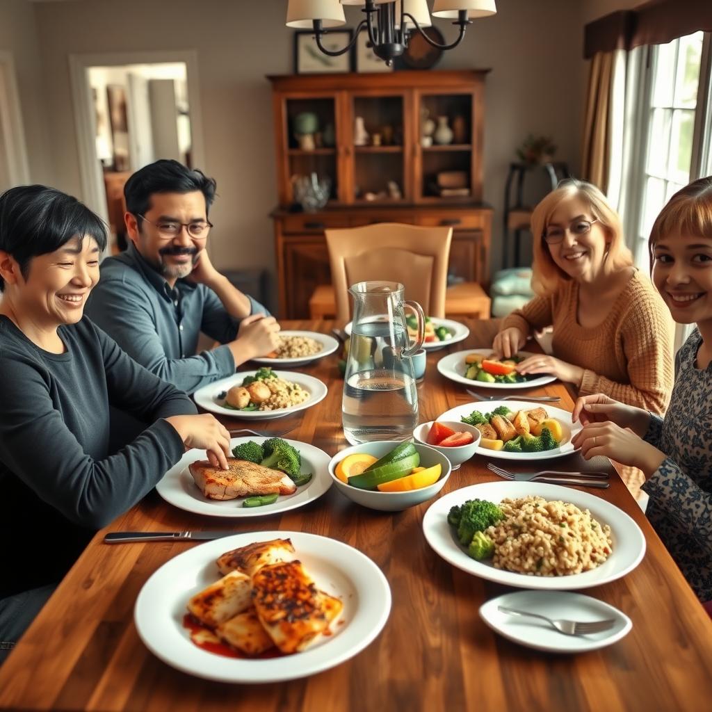 A family enjoying a healthy meal of grilled fish, broccoli, and quinoa at a dining table.