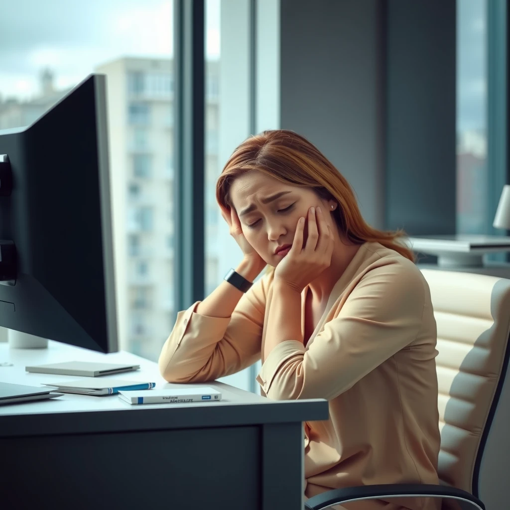 Office worker experiencing exhaustion from chronic fatigue at her desk