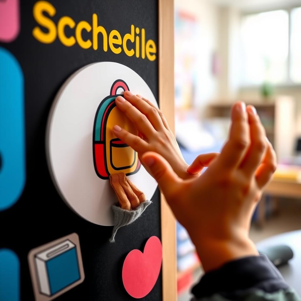 A child’s hands placing a backpack icon on a visual schedule board in a classroom.