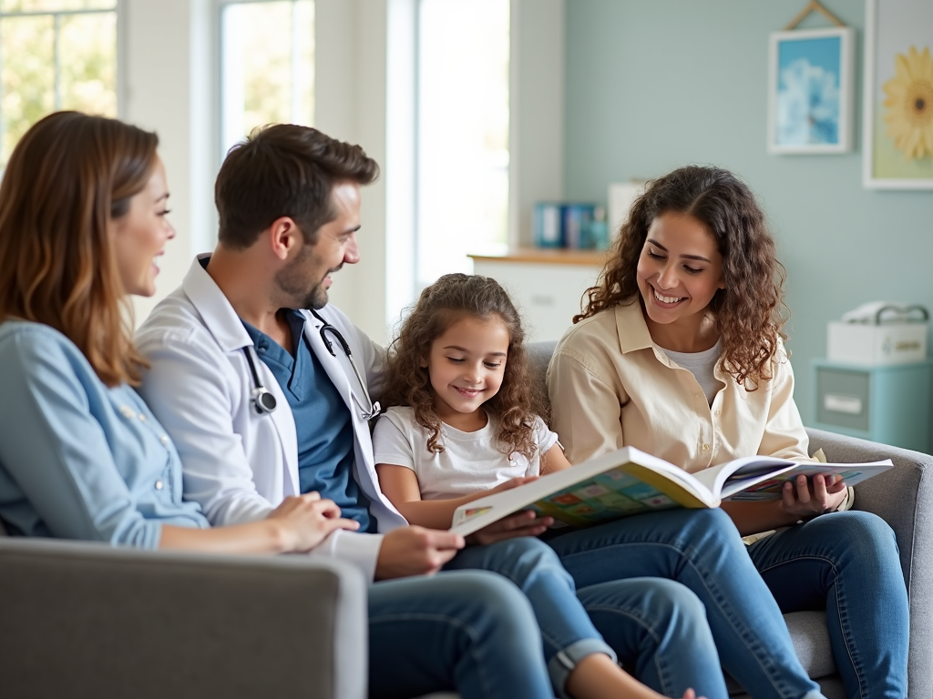 Family at doctor's office for preventive care.