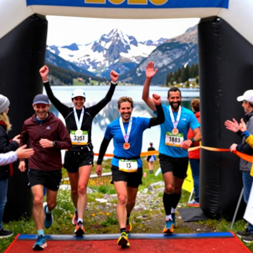 Runners celebrating at the finish line of a mountainous scenic 5K race