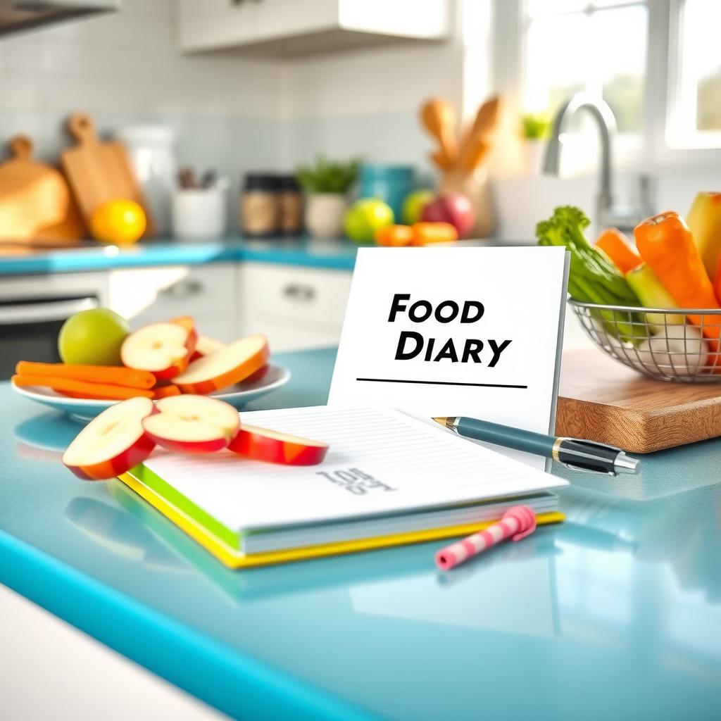 Food diary notebook and safe foods like apples and carrots on a kitchen counter.
