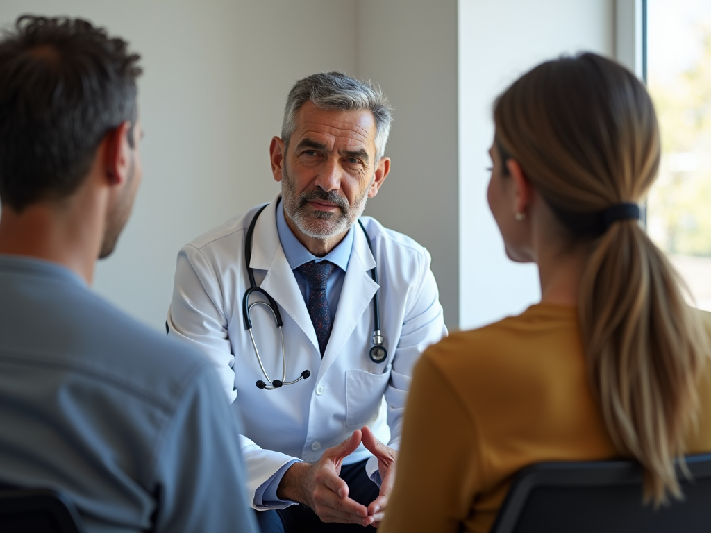 Healthcare professional discussing the diagnosis of chronic FPIES with concerned parents.