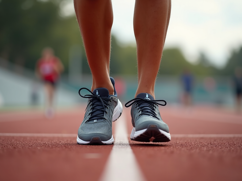 Runner's feet in starting position, wearing proper running shoes.