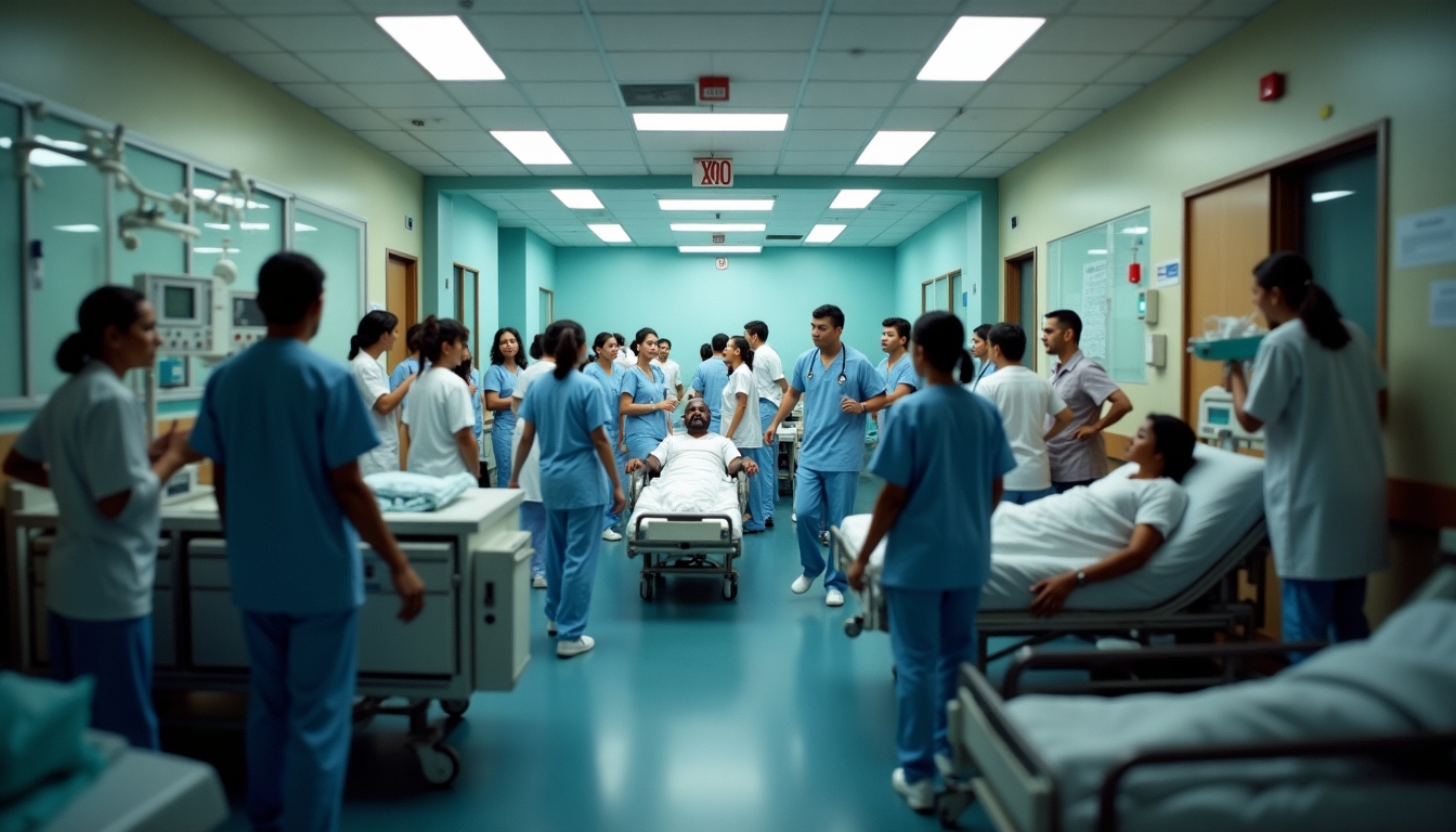 Busy urban emergency room showing the demand for emergency care in cities.