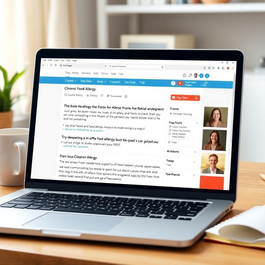 A laptop screen showing an online chronic food allergy support group forum with supportive comments.