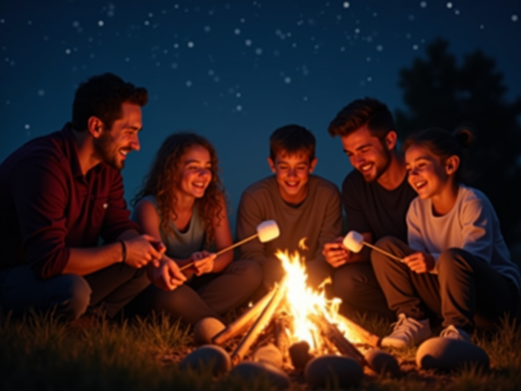 A family enjoying a campfire under a starry sky.