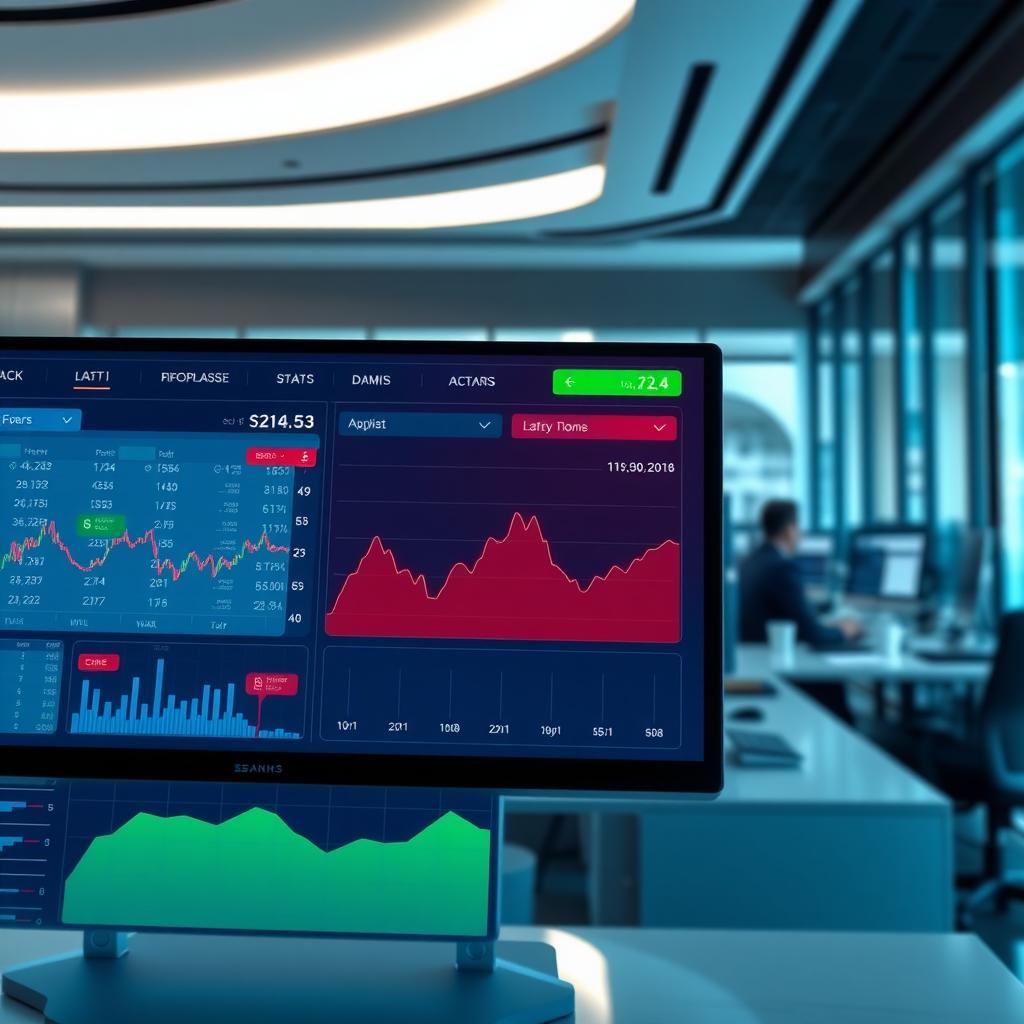 Digital dashboard showing real-time financial data with fraud alerts in a modern banking office.