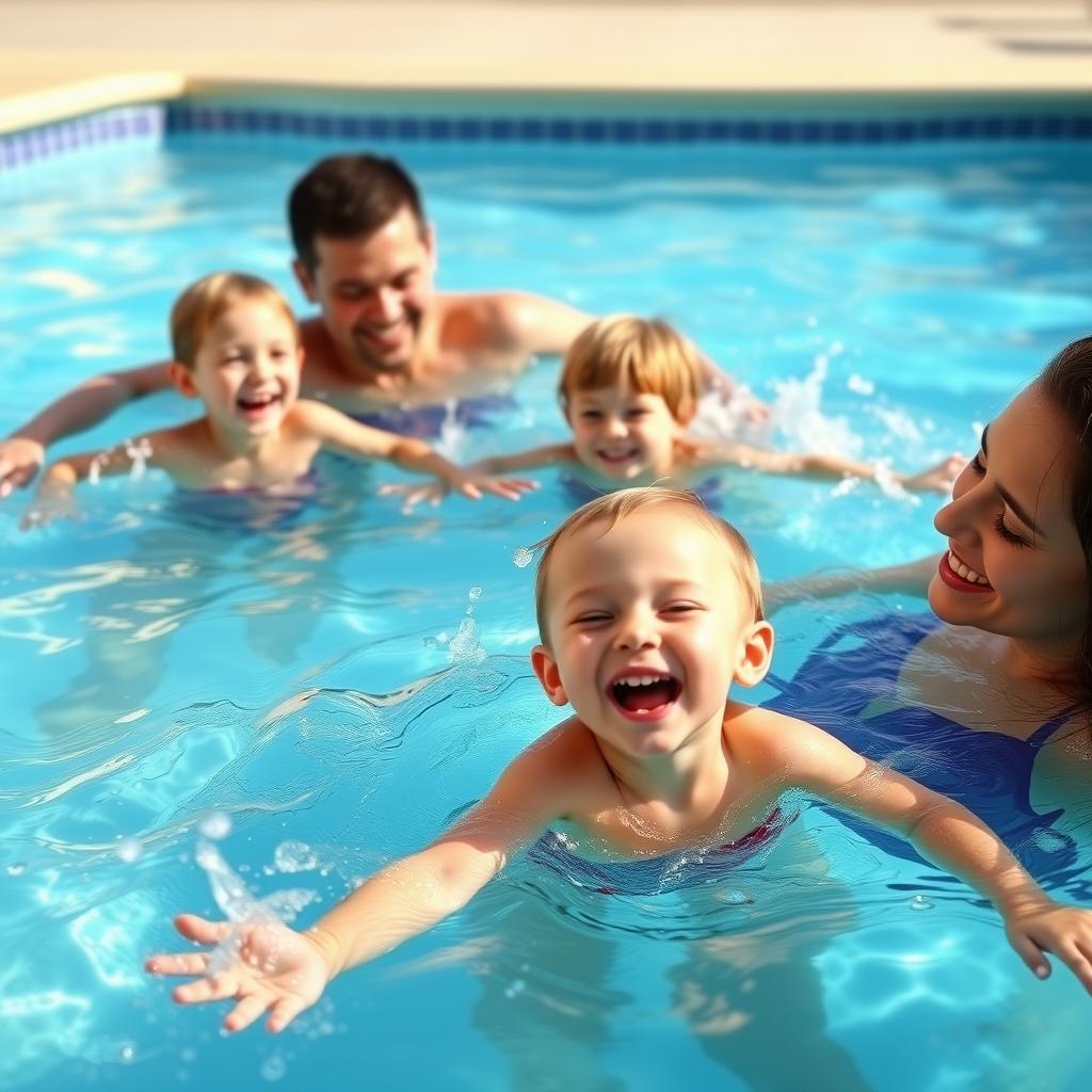 A family having fun in the pool together.