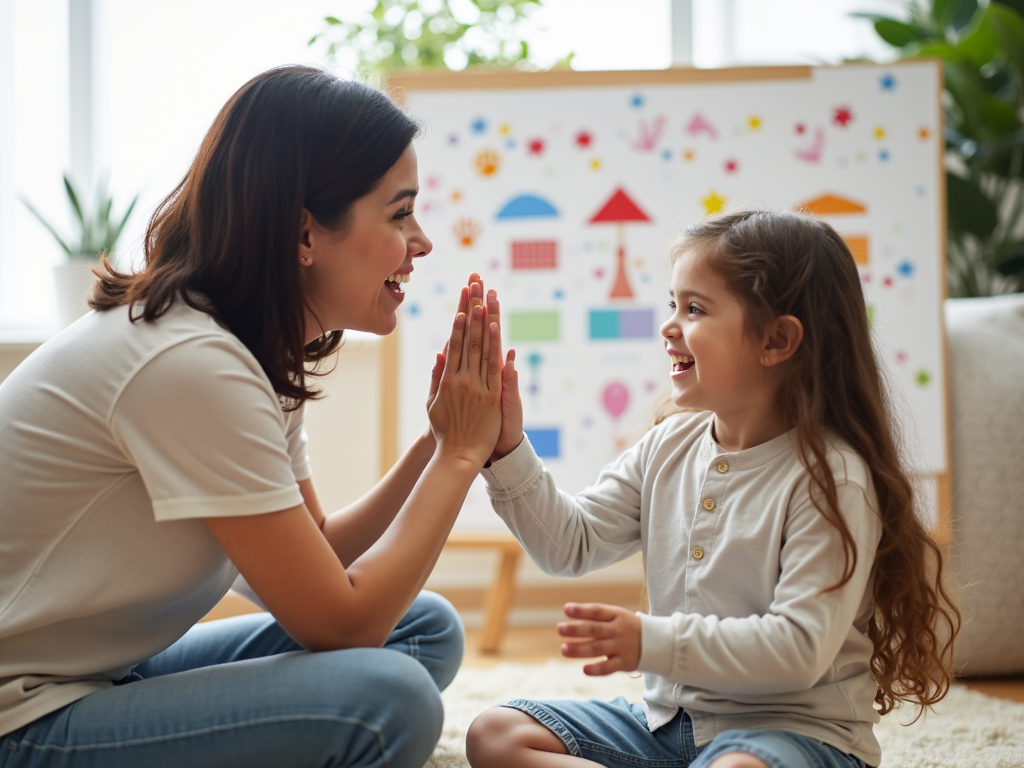 Parent and child reviewing a behavior chart.