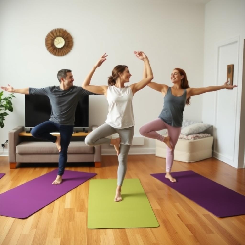 A family practicing yoga together at home.