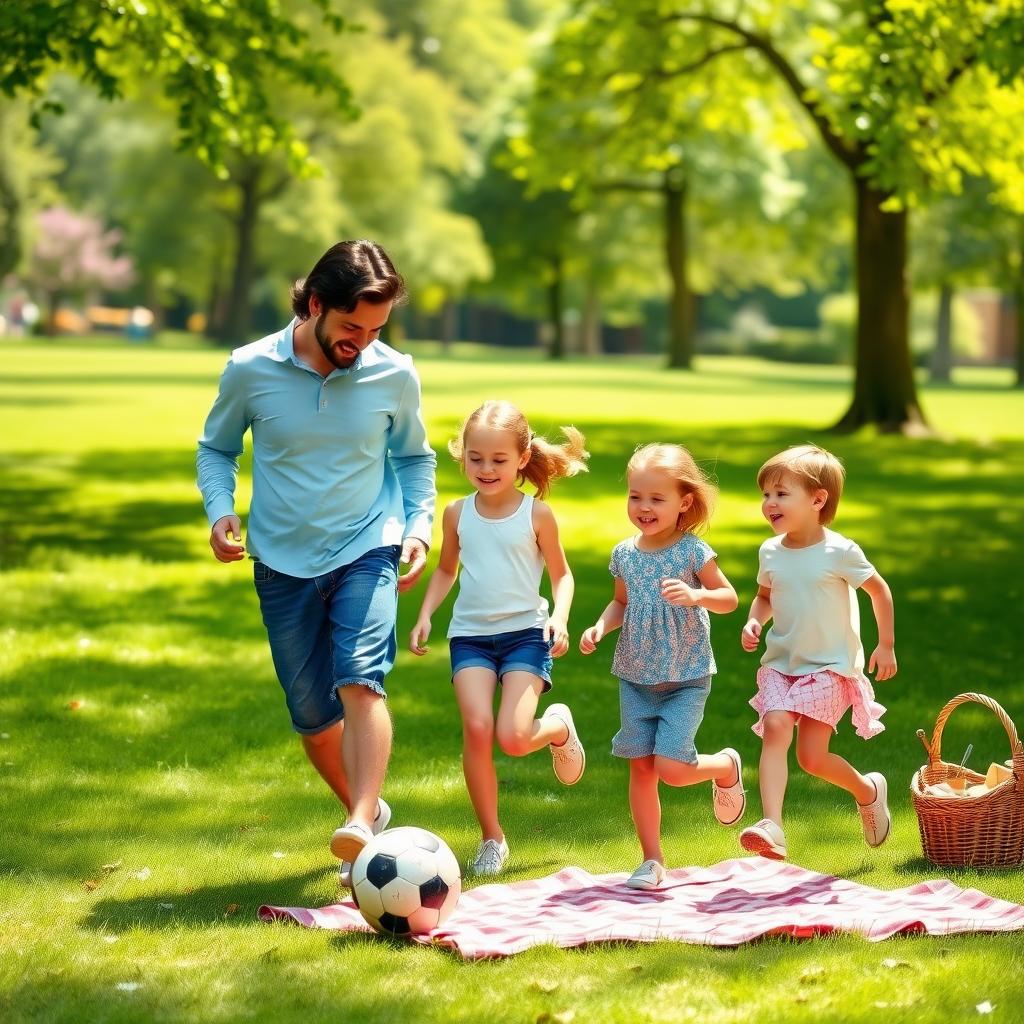A family of three enjoys a lively soccer game in a sunny park with a picnic setup nearby.