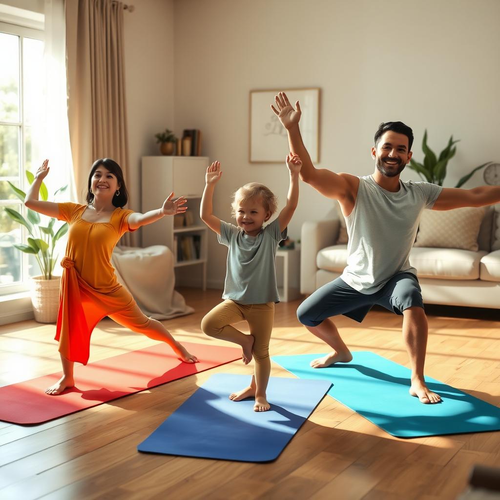 A family of three practices yoga together in a cozy living room.