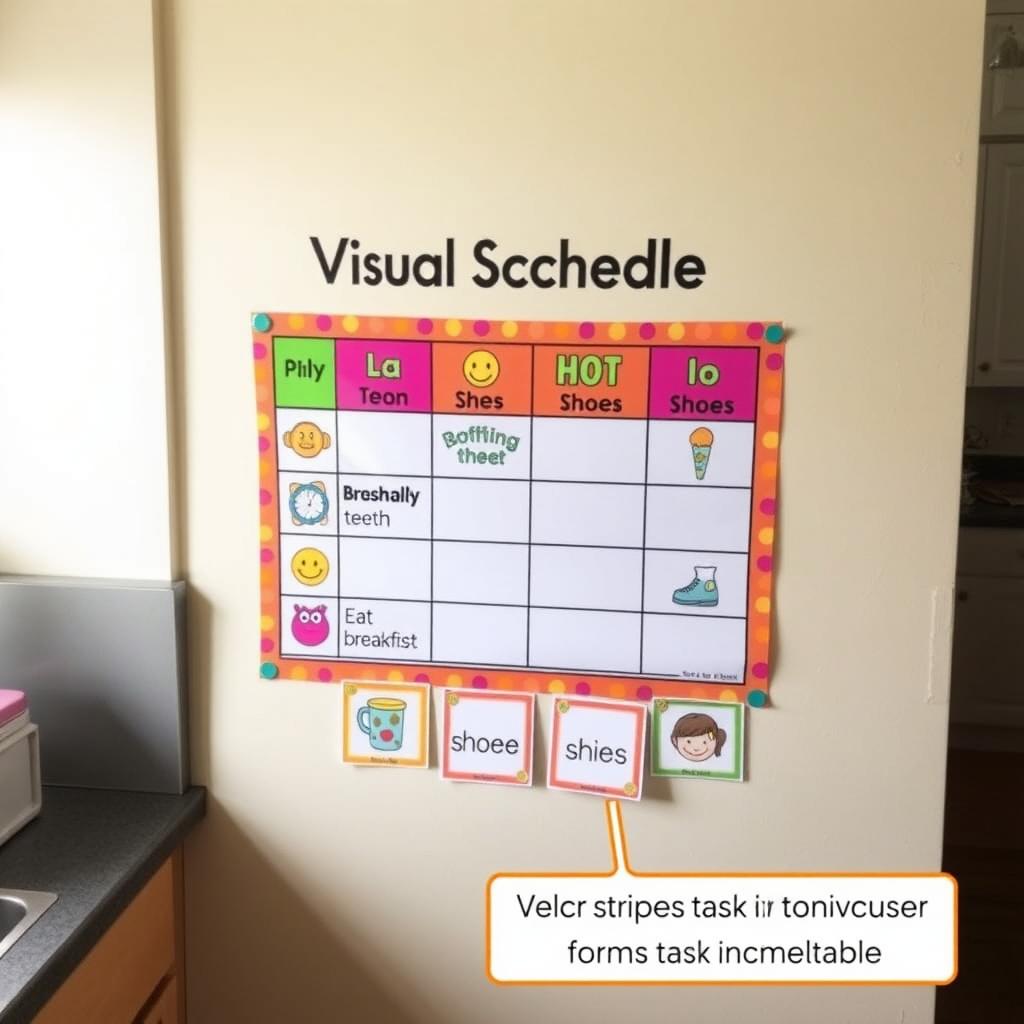 A vibrant visual schedule on a kitchen wall with icons for daily tasks like brushing teeth and eating breakfast, designed for children with special needs.
