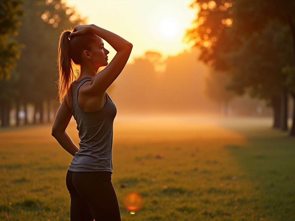 A person stretching in a park at sunrise after a run.
