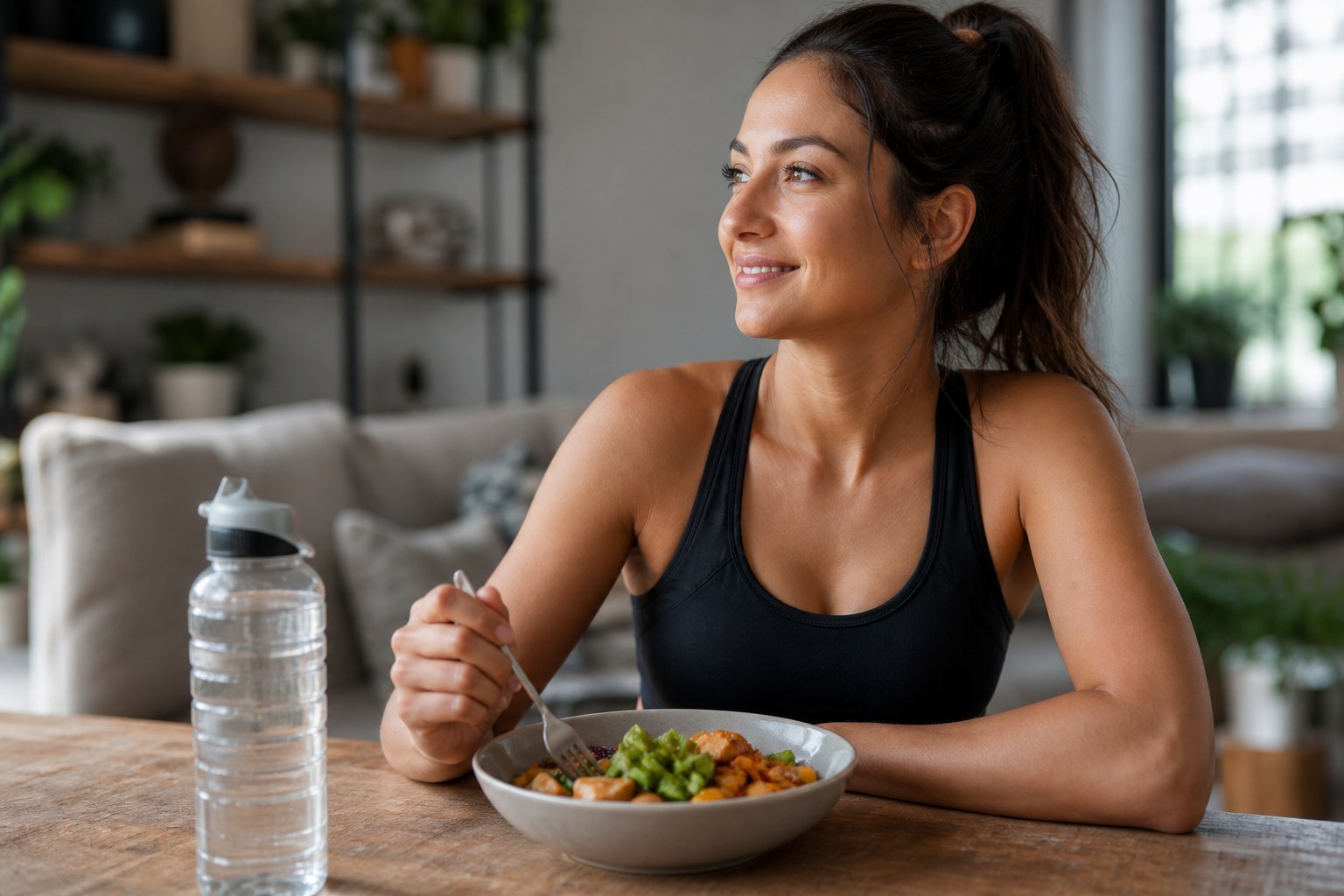 Woman enjoying healthy meals and water during a 30-day fitness challenge