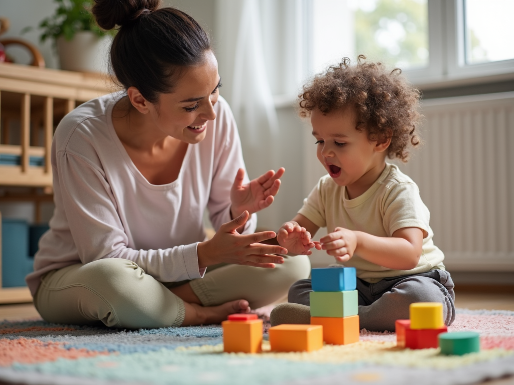 A parent praising their child for tidying up blocks.
